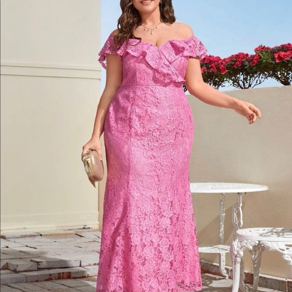 Pink Lace Off Shoulder Long Dress - Picture 2 of 4